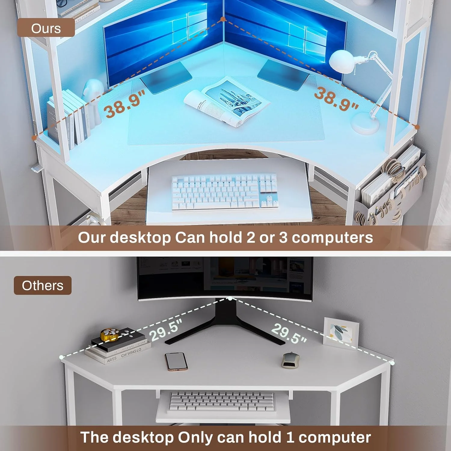 Corner Desk, Small Computer Desk with Hutch & LED Lights, Triangle Corner Computer Desk with Keyboard Tray, Storage Bag