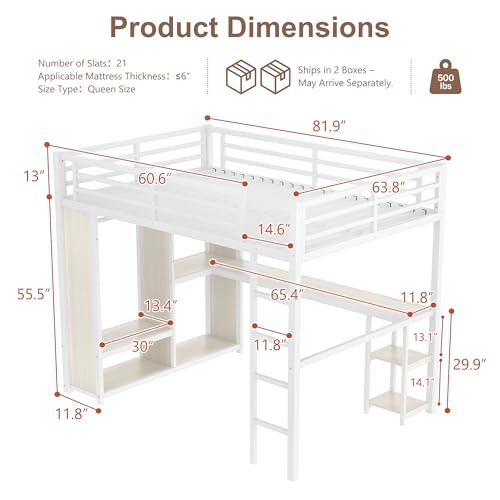 Queen Heavy Duty Metal Loft Bed with L-Shaped Desk, Wardrobe & 5 Storage Shelves – Space-Saving Design for Kids, Teens, Adults – CPC Certified