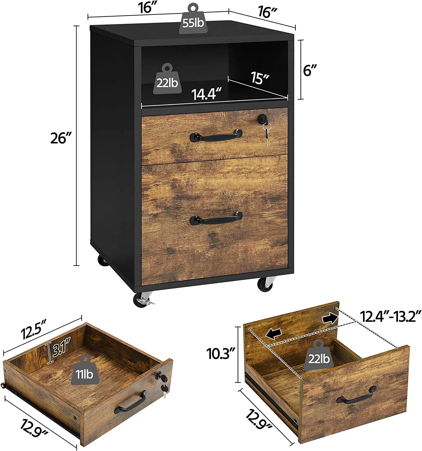 Filing Cabinet with 2 Drawers and Open Compartment,Under Desk Vertical File Cabinet with Lockable Wheels for A4
