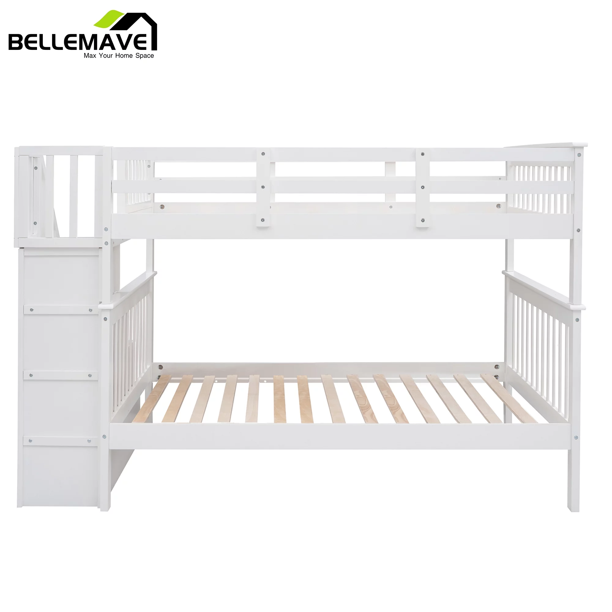 BELLEMAVE Full over Full Bunk Beds for Kids, Kids Bunk Beds with Storage Stairs and Full-Length Guardrail, Convertible Into 2 Bed