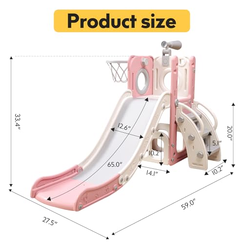 6 in 1 Toddler Playset with Slide, Kids Slide with Basketball Hoop, Ball, Ring Toss, Indoor Outdoor Toys (White Grey)