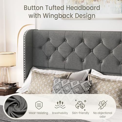 King Size Bed Frame with 4 Storage Drawers and Tufted Headboard Linen Upholstered Platform Bed Frame Wingback Beds with Wooden Slats Support