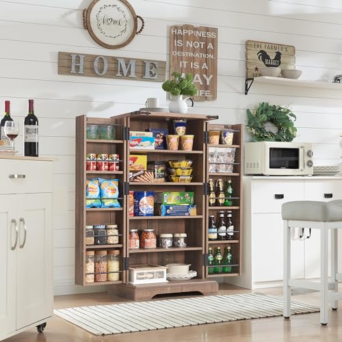72" Tall Kitchen Pantry, Farmhouse Storage Cabinet with Barn Doors, Organizer, Drawer and Adjustable Shelves, Rustic Wood Cupboard for Kitchen