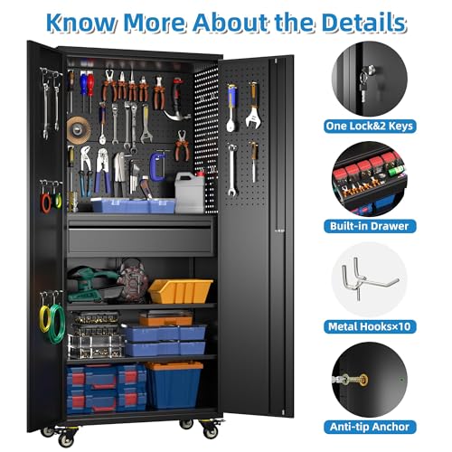 Metal Storage Cabinet with Wheels, 73" H Rolling Garage Cabinets with Locking Doors and Adjustable Shelves for Home Office, Basement, Pantry, Workshop