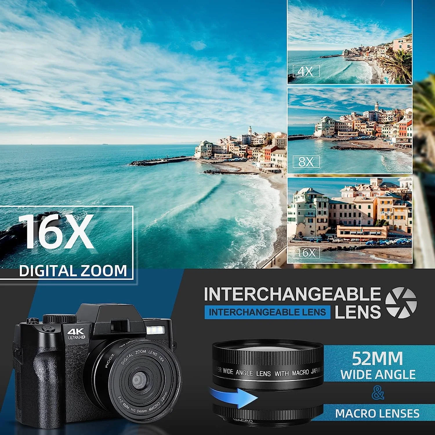 NBD Digital Camera 4K Ultra HD 48MP All-in-One Vlogging Camera with Wide Angle Lens, Digital Zoom 16x and 3 Screen