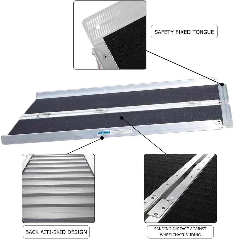 OMECAL 4' Wheelchair Ramp Threshold Portable Ramps 4ft for Home Steps Doorway Stairs Aluminum Handicap Metal House Mobile Porch Temporary Multifold