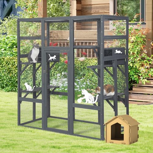 COZIWOW 70Inches Large Stable Spacious Wooden Catio Outdoor Cat Enclosure with Perches and Condos, Cat Cage Indoor with Waterproof Roof