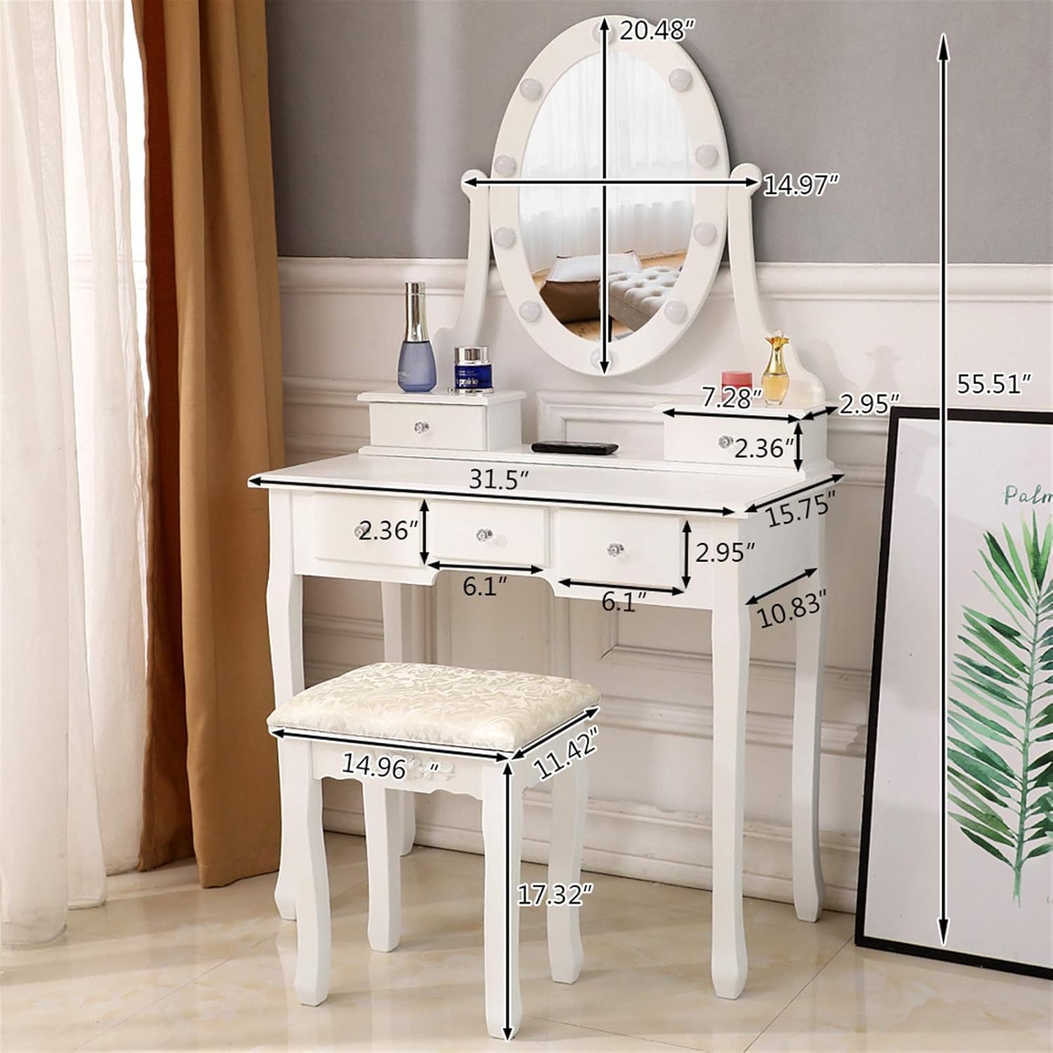 White Lighted Makeup Vanity Set - Makeup Desk with 360° Rotating Oval Mirror and Cushioned Stool - Make-up Vanity Station with Removable Top