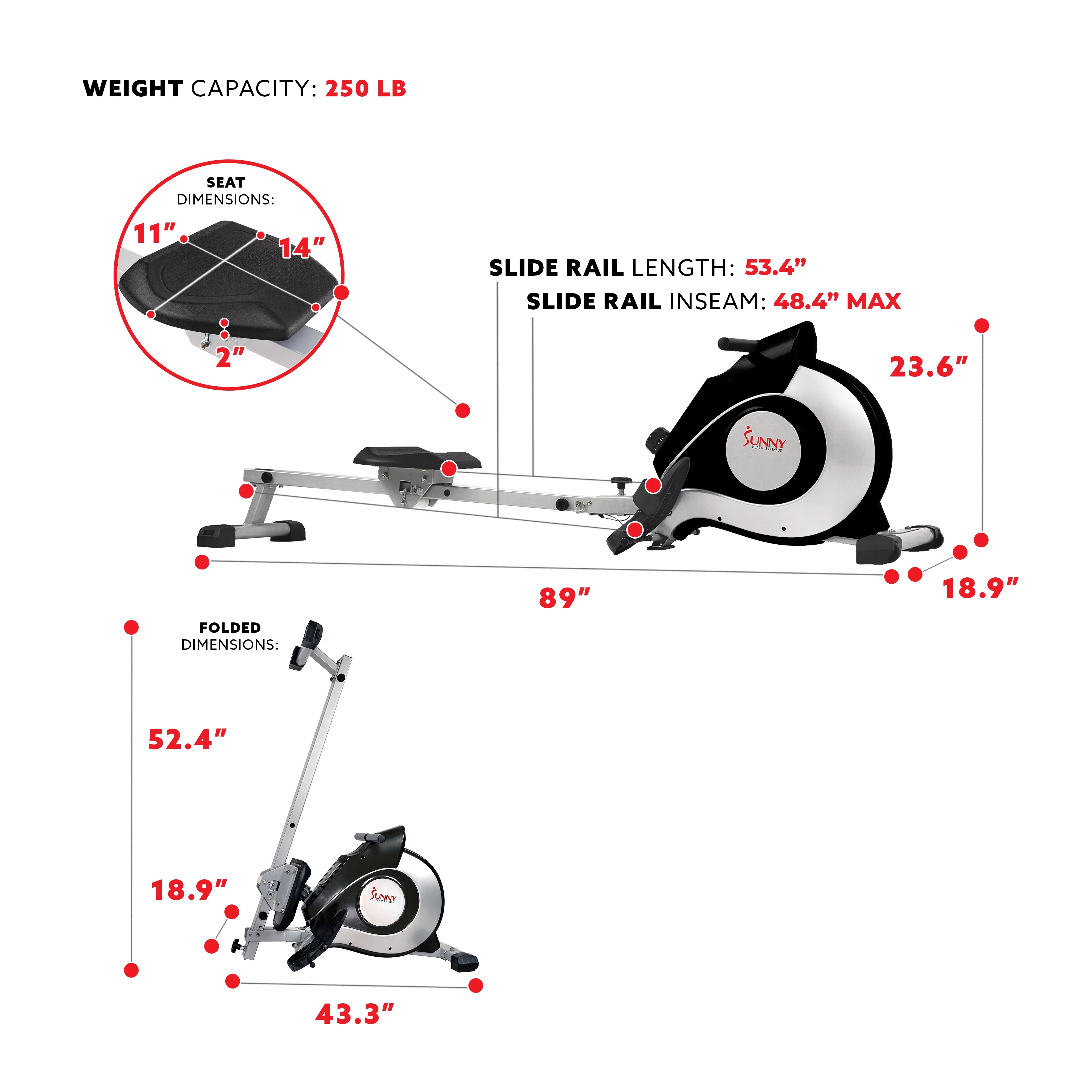Sunny Health & Fitness Smart Magnetic Rowing Machine with Extended Slide Rail with Optional Exclusive SunnyFit® App Enhanced Bluetooth Connectivity