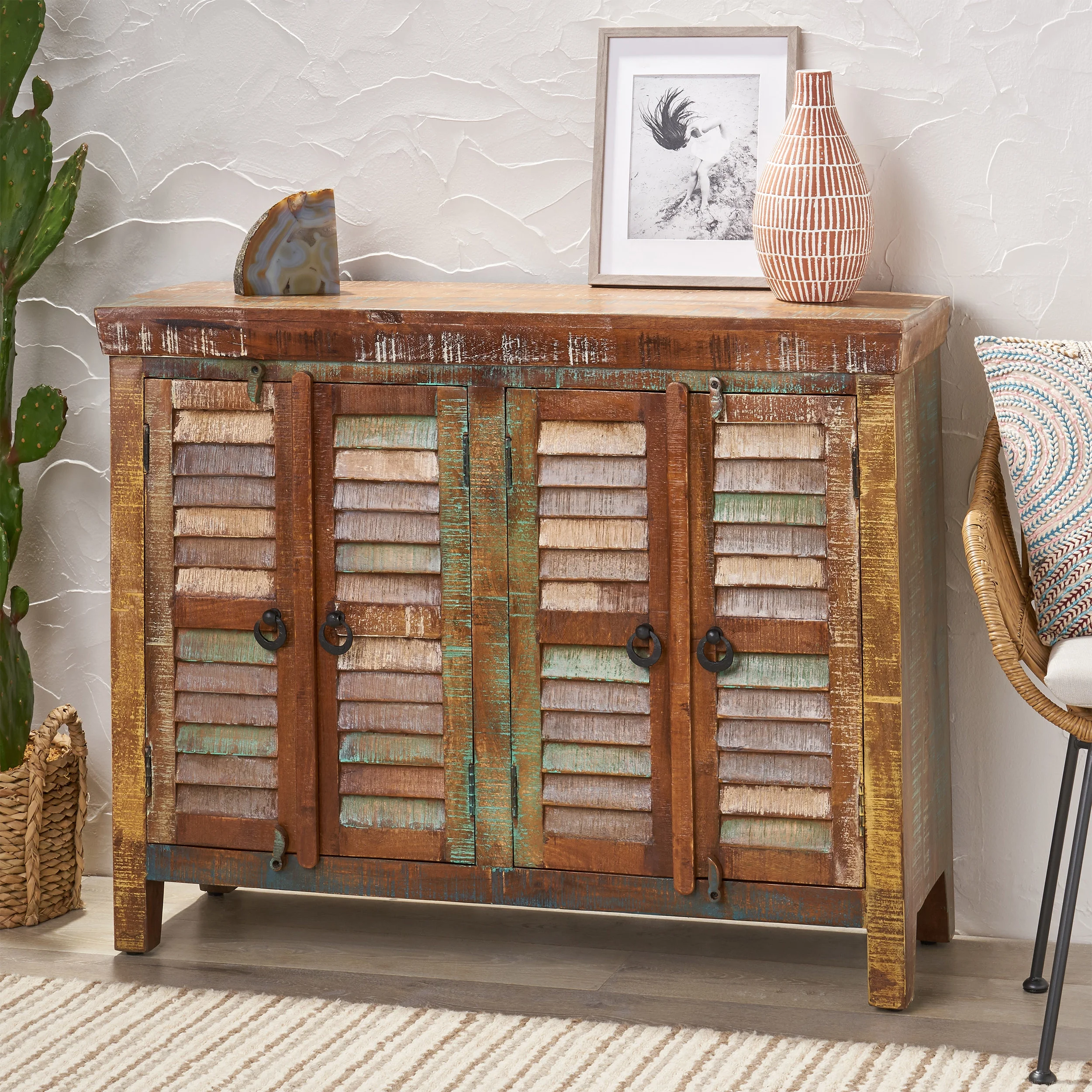GDF Studio Alnoor Boho Handmade Recycled Wood Cabinet, Reclaimed Finish