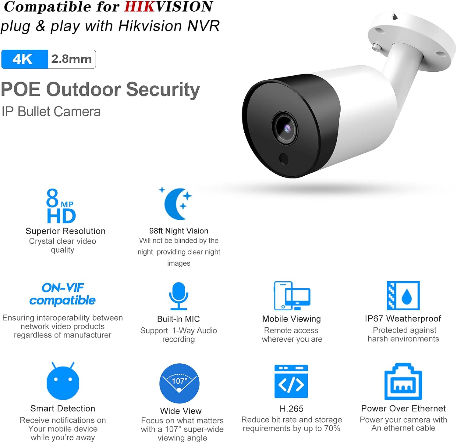 (Compatible for Hikvision) Outdoor 8MP Bullet PoE IP Camera with Built-in Mic,UltraHD 4K Security Camera with 2.8mm Fixed Lens,98ft Night Vision