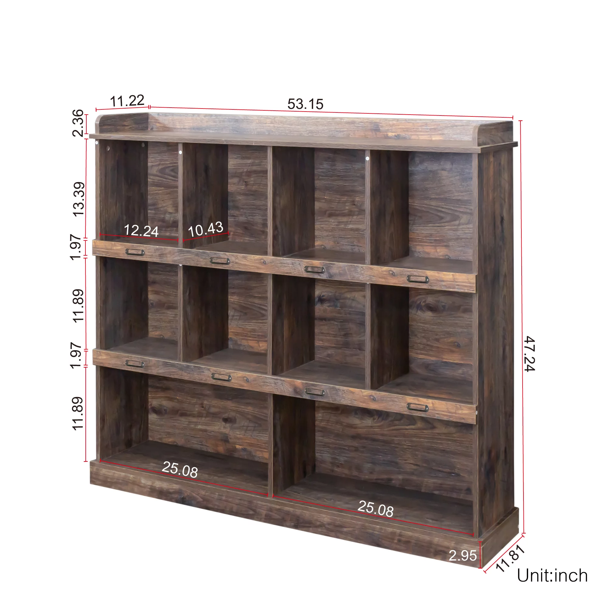 Royard Oaktree 10-Cube Bookcase Freestanding 3-Tier Open Bookshelf Wood Cube Storage Organizer with 10 Storage Compartments and Top Shelf Retro