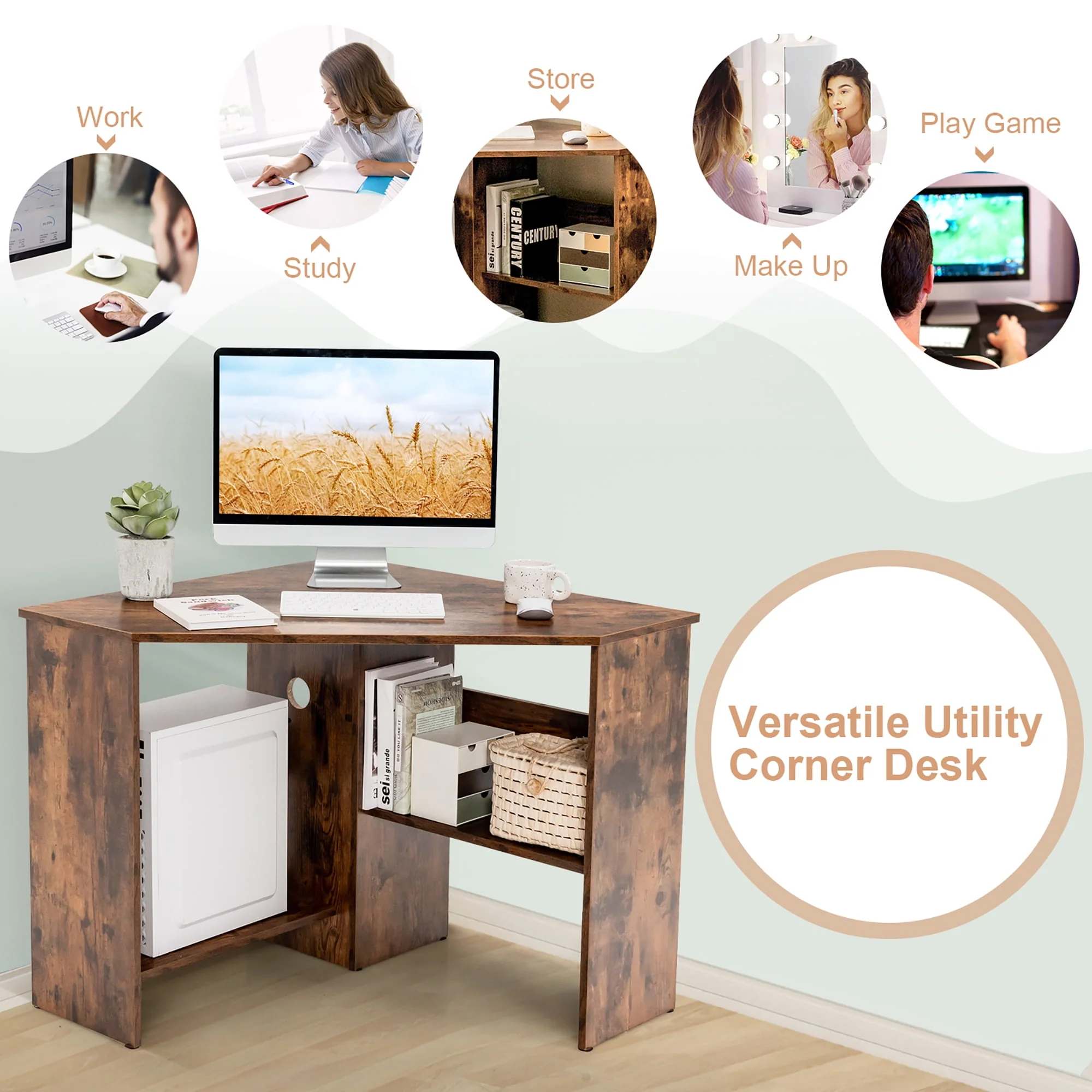 Costway Corner Computer Desk Triangle Writing Workstation w/Storage Shelf Rustic
