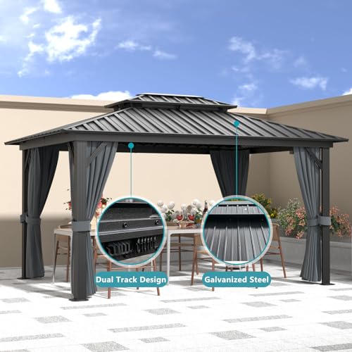Aoxun 10' X 12' Hardtop Gazebo, Aluminum Metal Outdoor Gazebo with Galvanized Steel Double Roof