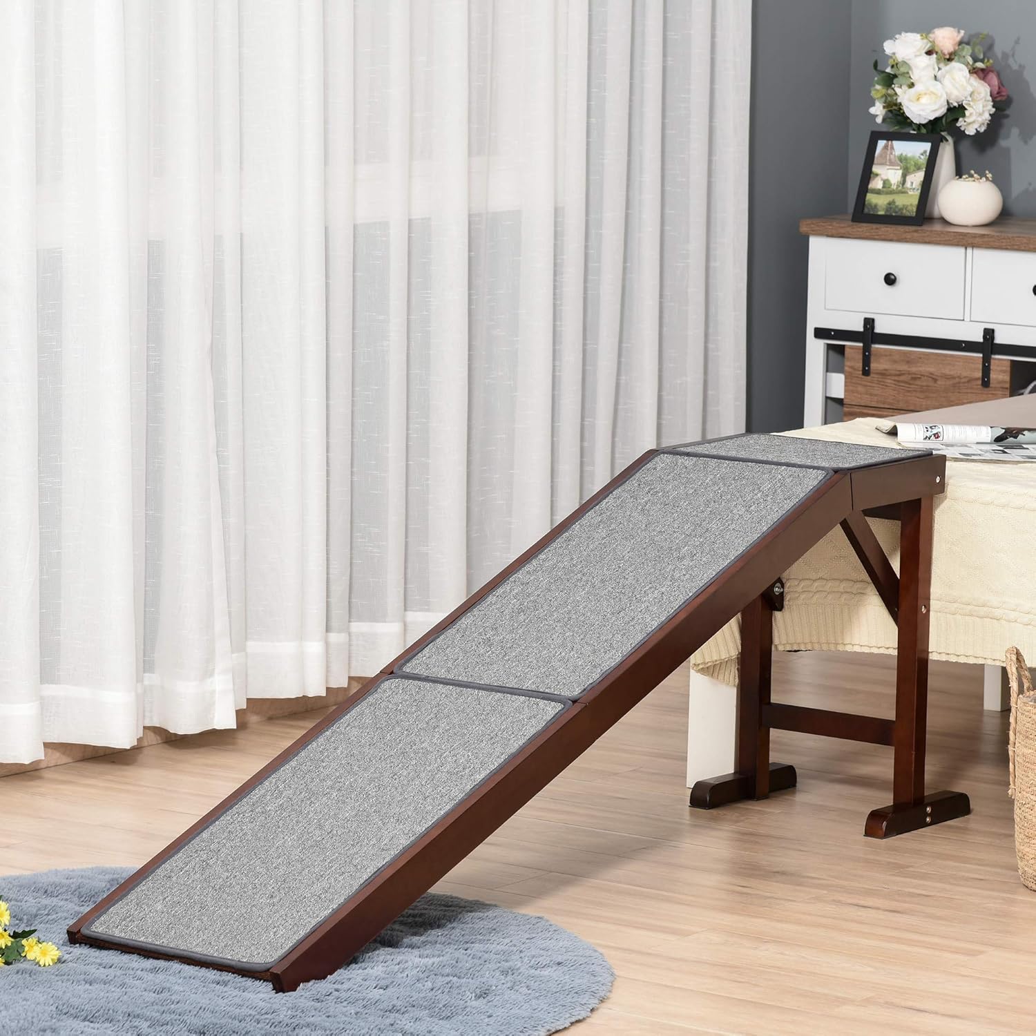 PawHut Pet Ramp for Dogs Non-Slip Carpet Top Platform Pine Wood 74 L x 16 W x 25 H, Brown Grey