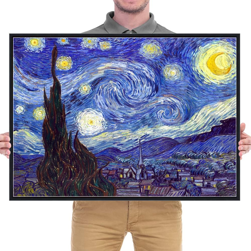 Wieco Art Framed Art Canvas Prints of Starry Night by Vincent Van Gogh Paintings Reproduction Post-Impressionism Artwork Framed Wall Art for Living