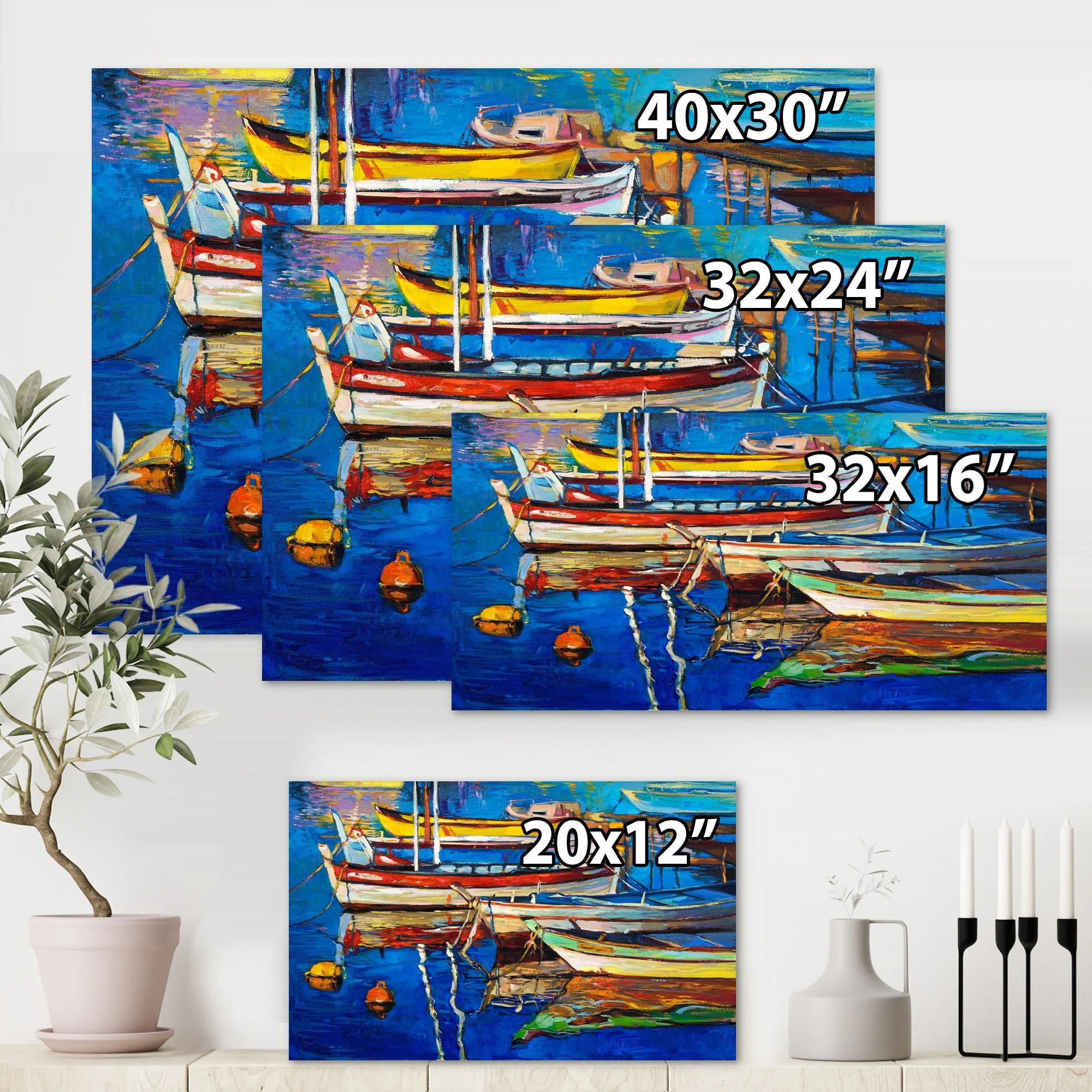 DESIGN ART Designart "Boats Resting On The Water Near Coastal Town II" Nautical & Coastal Canvas Wall Art Print 12 in. wide x 8 in. high