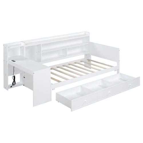 Bellemave Twin Corner Bed Frame with Storage Shelves and Desk, Wood Twin Size Daybed with Bookcase and Drawers and Storage, Gray