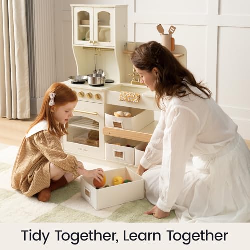 Tiny Land Play Kitchen for Kids with Enhanced Storage – Modern Toddler Kitchen Playset with Stove, Sink & Accessories, Organized Wooden Toy Kitchen