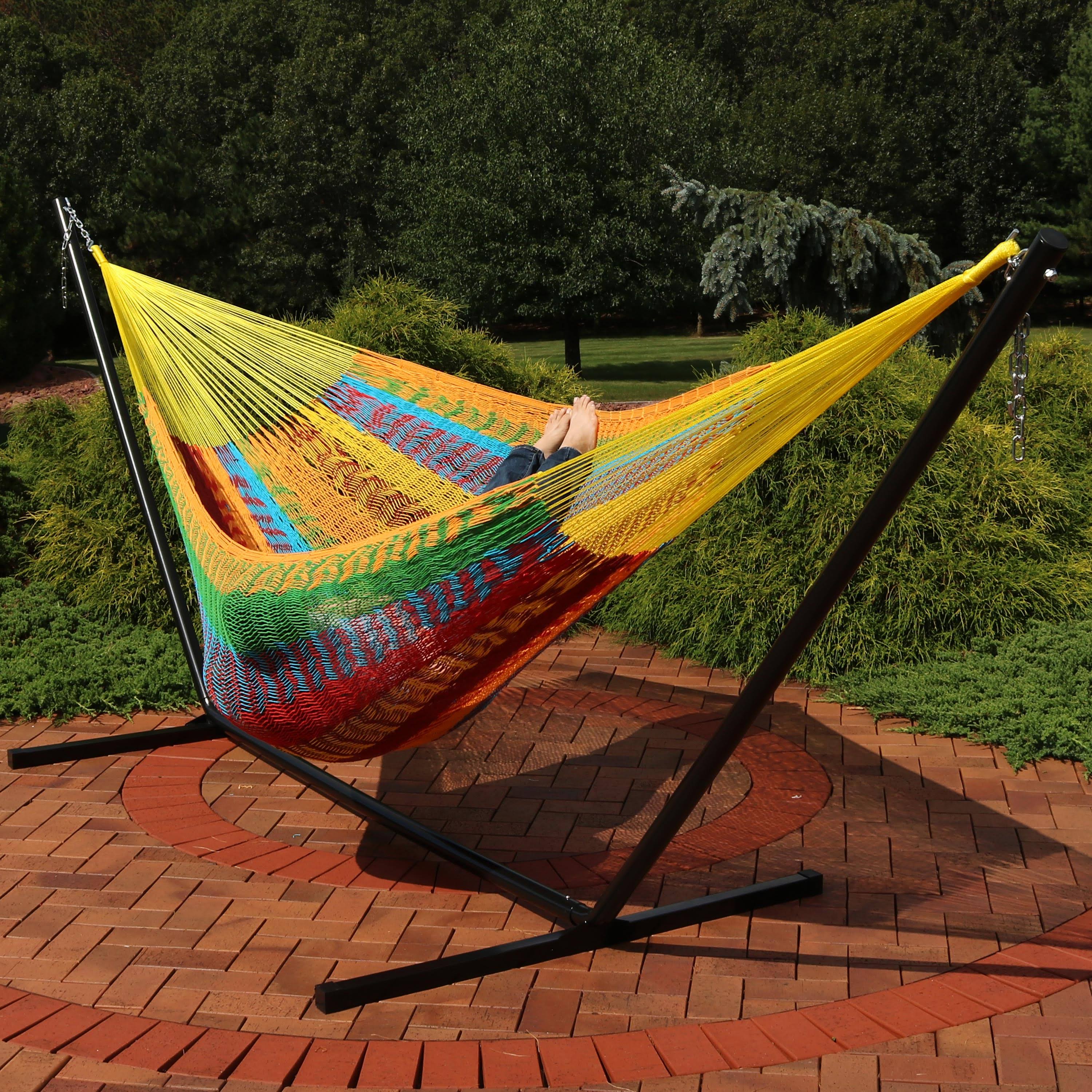 Sunnydaze Hand-Woven XXL Thick Cord Mayan Family Hammock with 15 Foot Stand, 400 Pound Capacity, Multi-Color