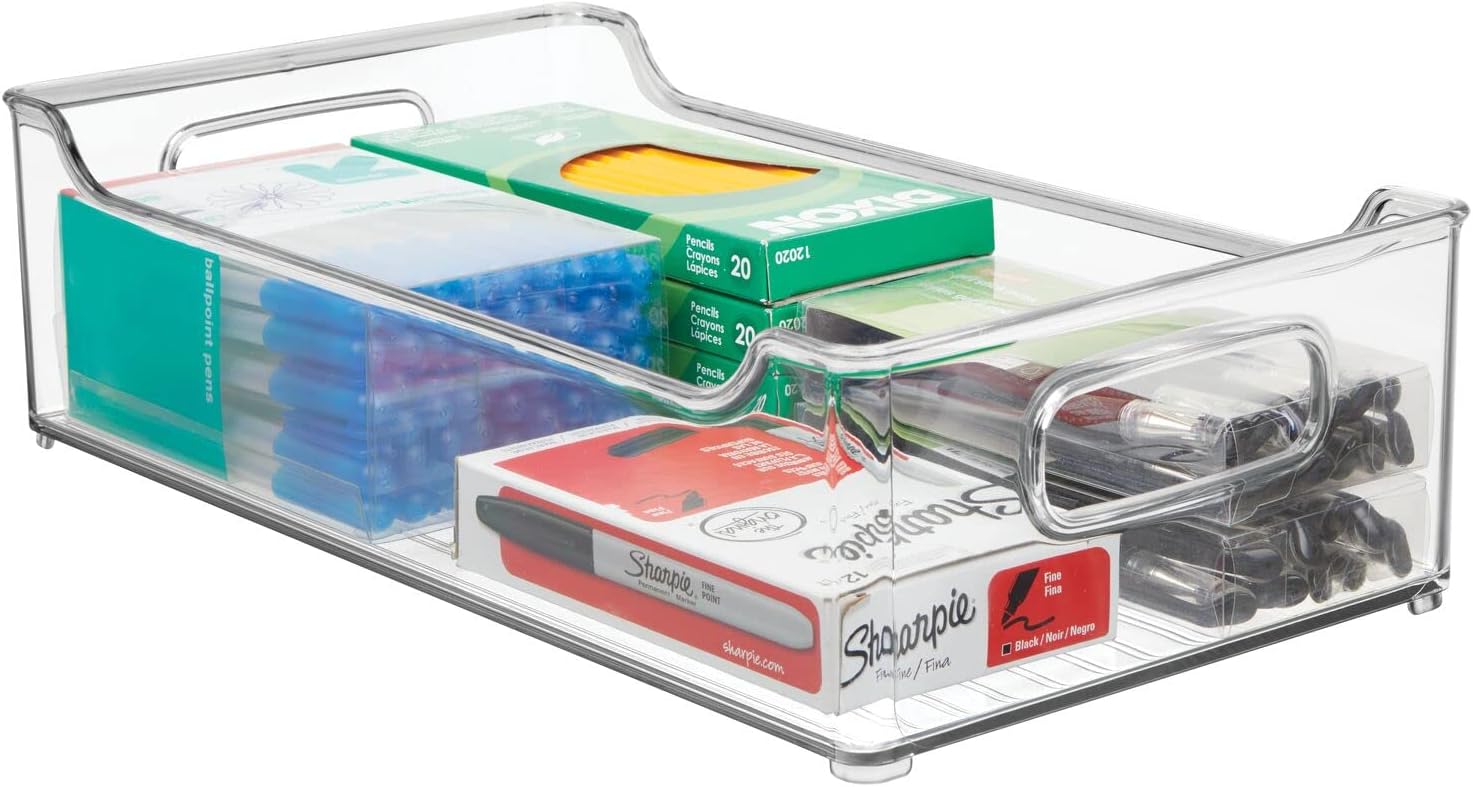 mDesign Plastic Rectangular Stackable Long Storage Container, Side Dip Organizer Bin w/Handles for Office, Filing Cabinet, Shelf, Desk