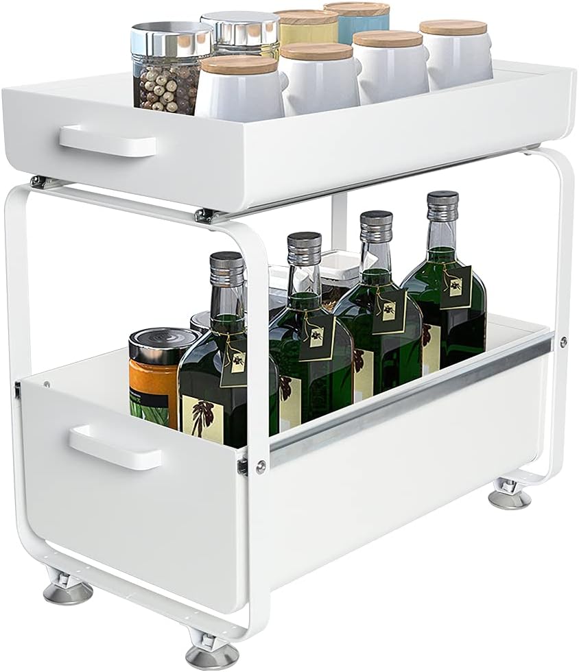 Under Sink Organizers and Storage, Smathou 2-Tier Kitchen Cabinet Organizer with Sliding Storage Drawers, Bathroom Organizer, White