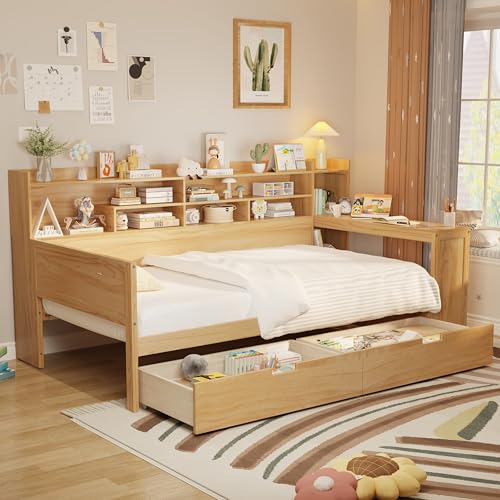 Corner Twin Bed Frame with Bookcase Storage and Desk, Wood Day Beds with 2 Drawers, Twin Size Daybed with Storage for Living Room