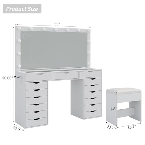 Vanity Desk with Mirror and Lights, Makeup Table with Charging Station, 3 Color Lighting Modes, 15 Drawers Dressing Table
