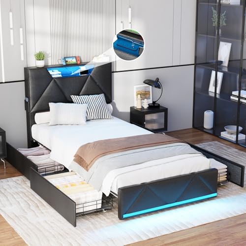 Vabches Queen Bed Frame with Storage Headboard and 4 Drawers,Upholstered Platform with Charging Station and Led Lights,Adjustable Headboard