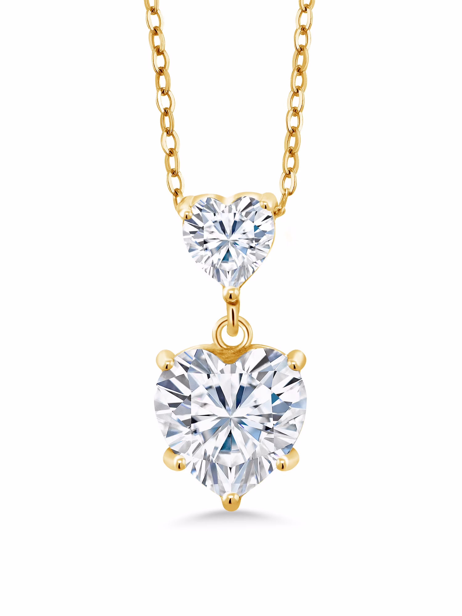 Gem Stone King 18K Yellow Gold Plated Silver White Moissanite Double Heart Pendant Necklace For Women (2.22 Cttw, Heart 8MM and 5MM