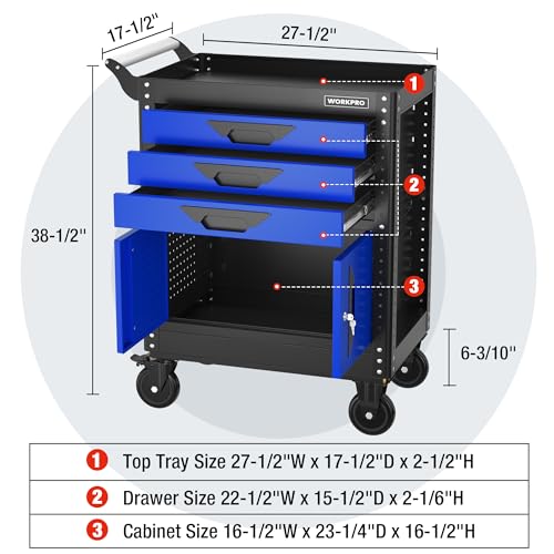 WORKPRO 27.5 Inch 3-Drawer Rolling Tool Chest with Wheels, Portable Steel Tool Cabinets with Drawers, Liners and Locking System for Warehouse, Garage
