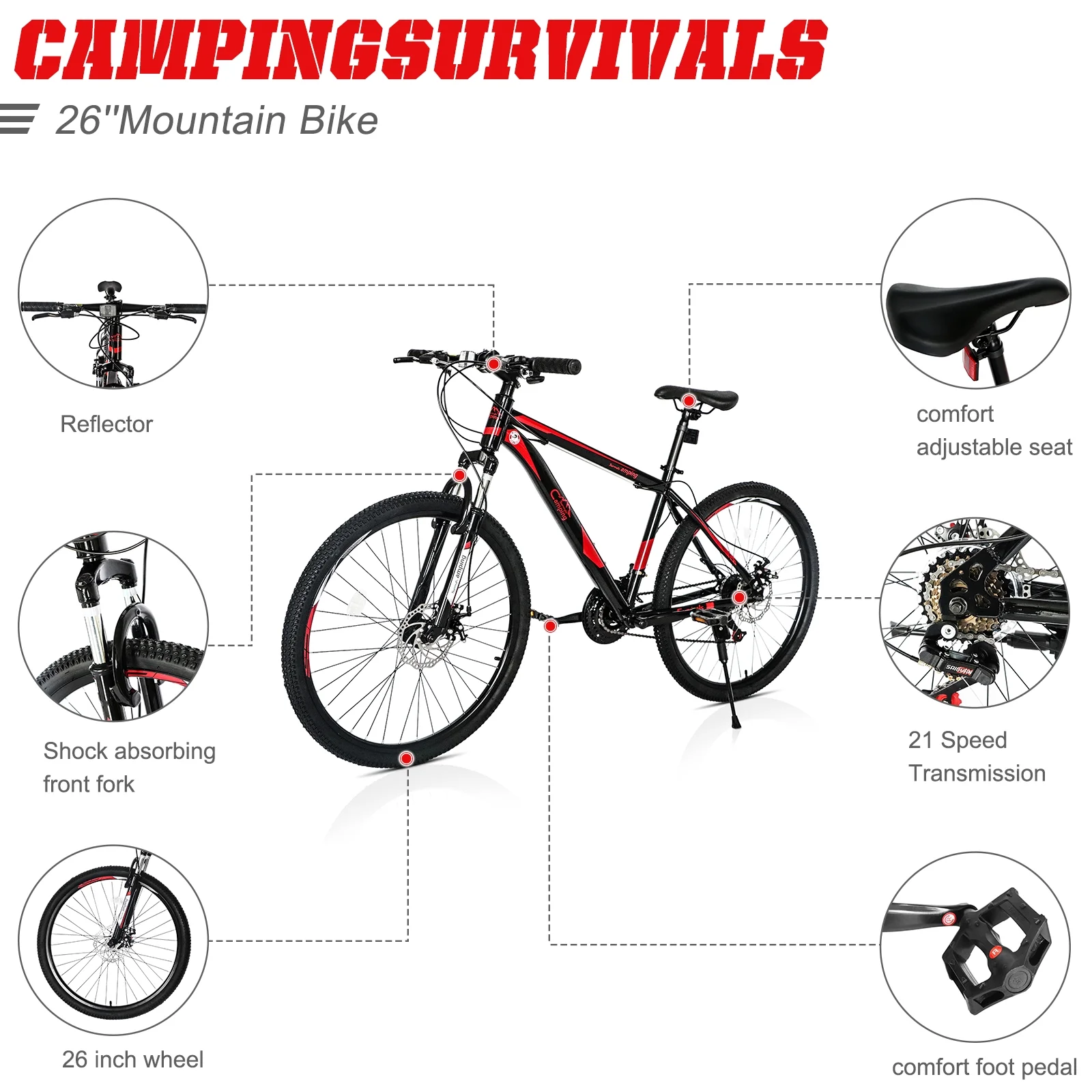 Ktaxon 21 Speed 26" Wheel Riding Mountain Bike, Steel Frame Trail Road Bicycle, Black/Red