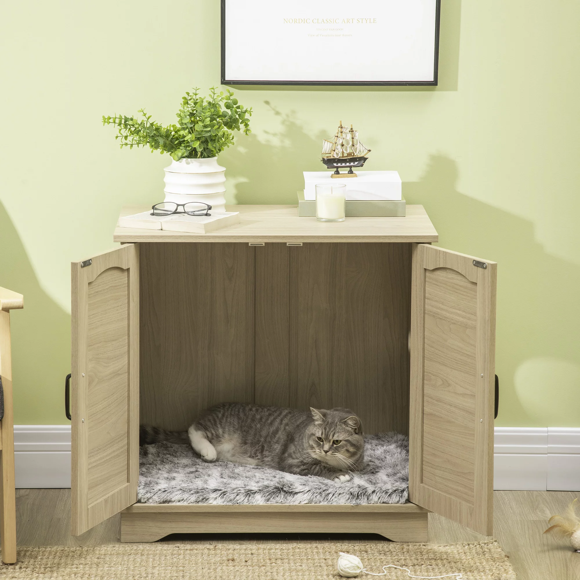 PawHut Hidden Litter Box Enclosure Cat Washroom Furniture with Cushion Double Doors Wooden Pet House End Table, Oak - Radiant Selections