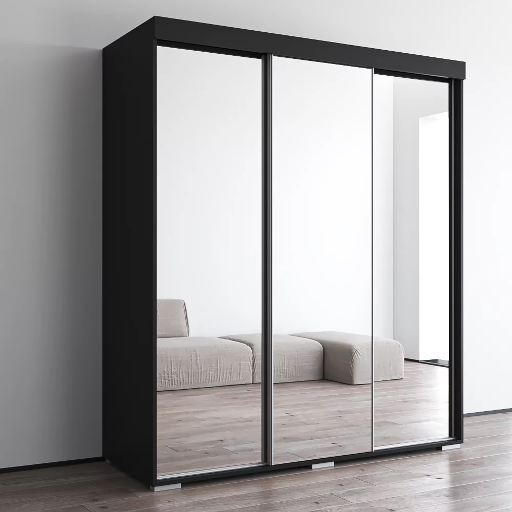 Aria 3 Door 71" Wide Modern High Gloss Wardrobe Armoire, Black Body with All Mirror Fronts