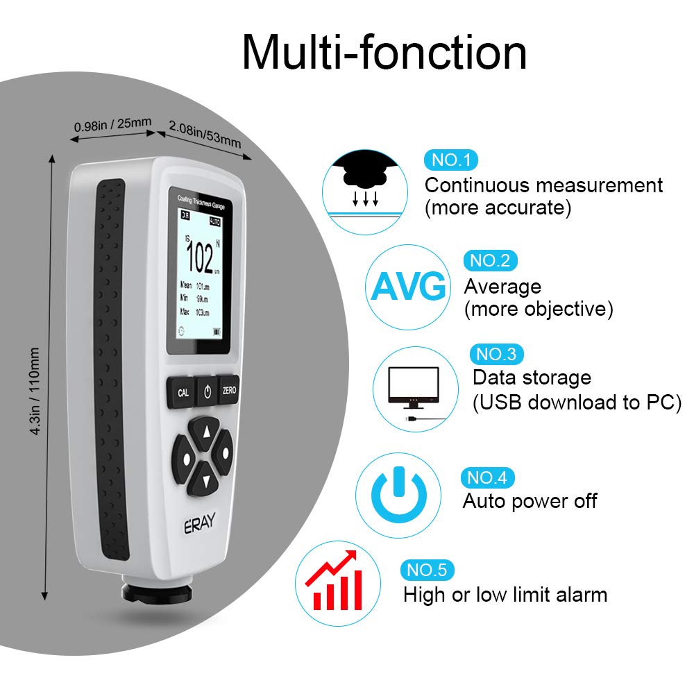 Paint Coating Thickness Gauge, ERAY Digital Depth Mil Thickness Meter with Backlight LCD Display for Car Automotive
