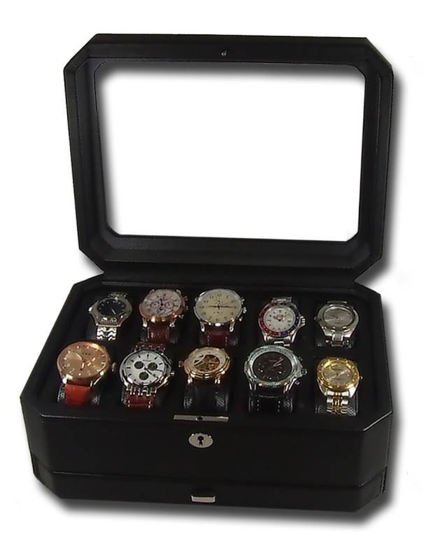 Wolf Windsor 10 Piece Watch Box with Drawer - Black - Megean
