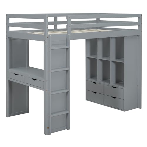 Full Size Loft Bed with Desk & Wardrobe, Solid Wood Kids Loft Bedframe w/3 Storage Drawers & 2 Shelves, Maximum Space Design, for Bedroom, Dorm, Gray
