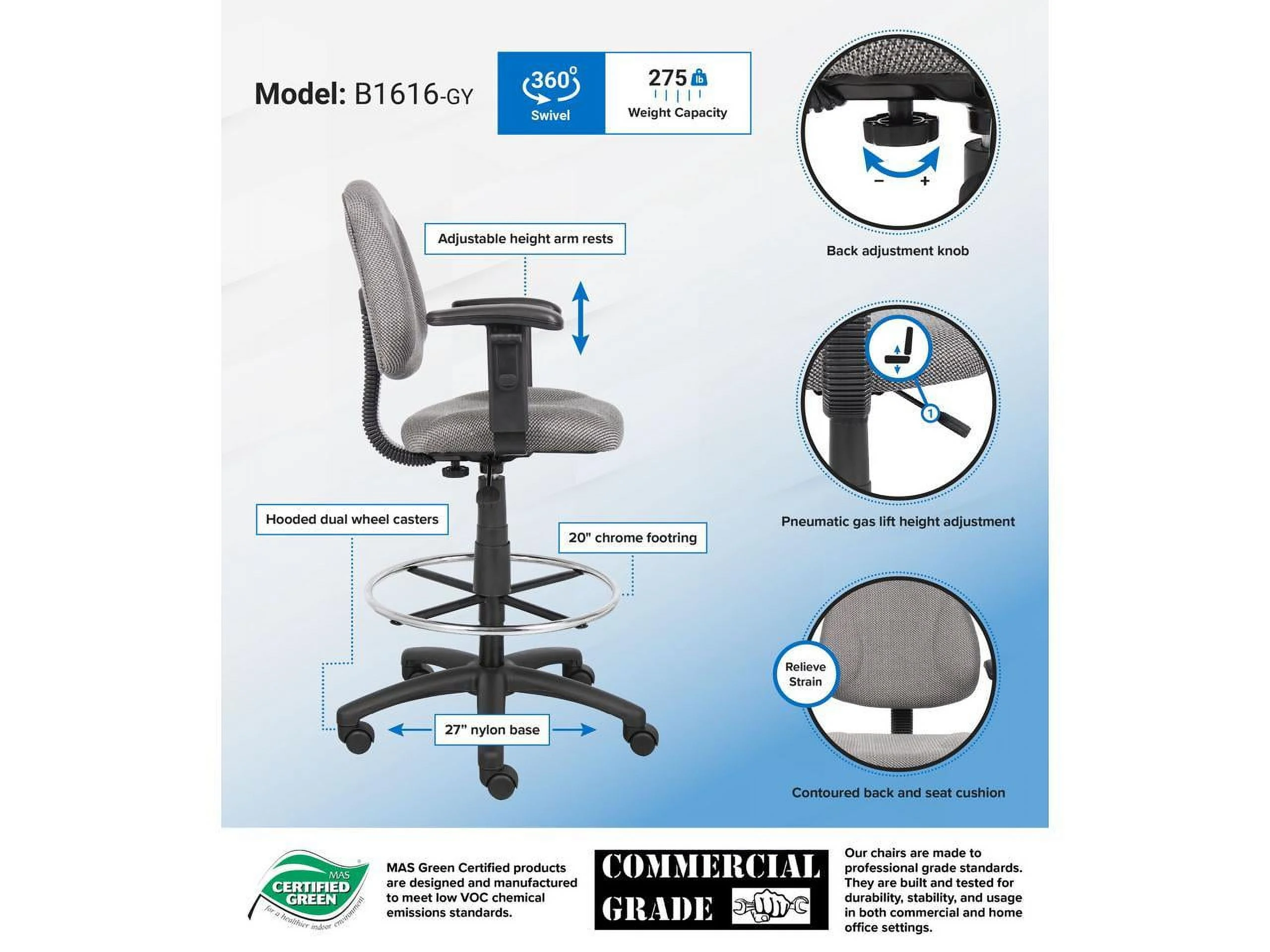 Boss Office Contoured Comfort Rolling Fabric Drafting Stool with Arms in Gray