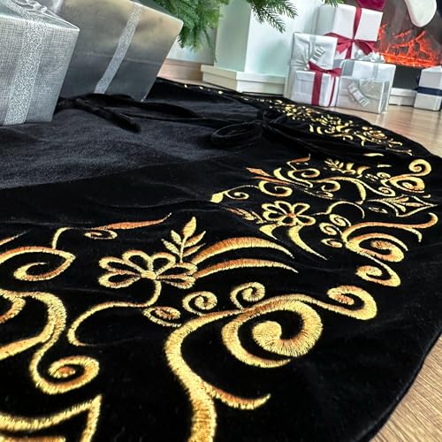 72-Inch Victorian Velvet Christmas Tree Skirt with Gold Damask Embroidery and Plush Lace Ties, Burgundy