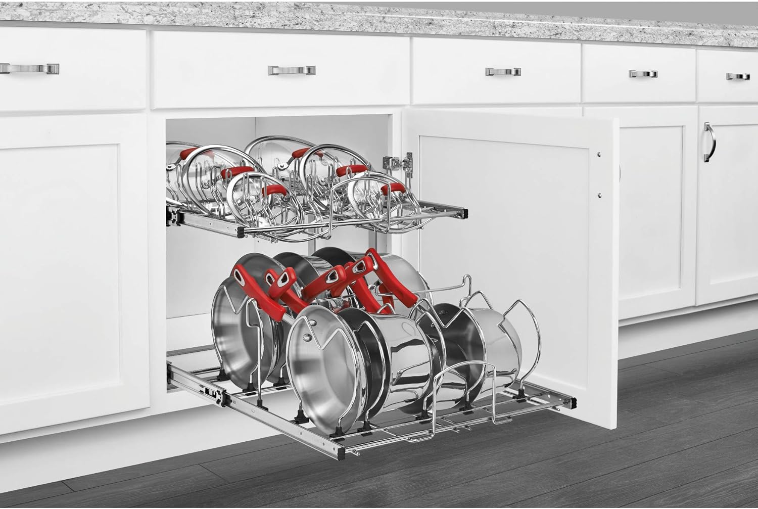 Rev-A-Shelf 5CW2-2122-CR 21-Inch 2-Tier Wire Pull Out Kitchen Cabinet Organizer for Pots, Pans, and Lid Cookware, Chrome