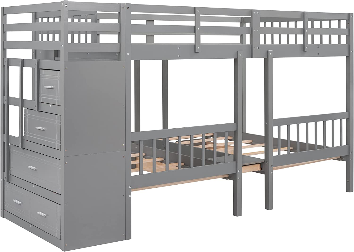 Full Over Twin & Twin Bunk Bed, Wood Triple Bunk-Beds with Drawers and Guardrails,White