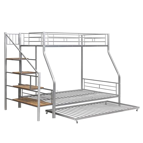 Twin Over Full Bunk Bed with Trundle and Stairs, Metal Bunk Bed with Storage and Safe Guardrails, Heavy-Duty Metal Bunkbeds for Teens, Adults