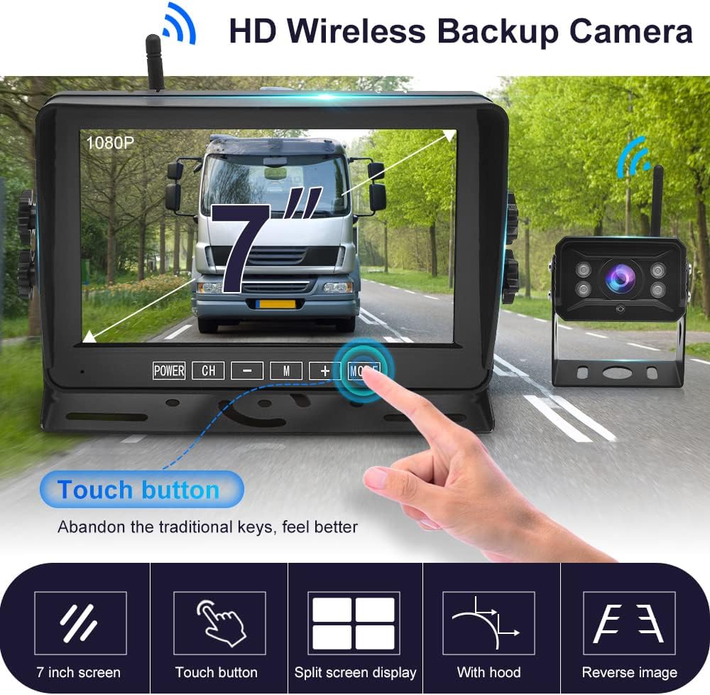 Digital Wireless Backup Camera System Kit IP69 Waterproof Wireless Rear View Camera HD 1080P with 7&ldquo