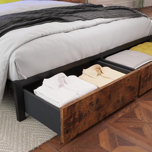 Farmhouse Full Size Bed Frame with Storage Bookcase Headboard and Drawers, RGB LED Lights and Charging Station, No Box Spring Needed, Noise Free