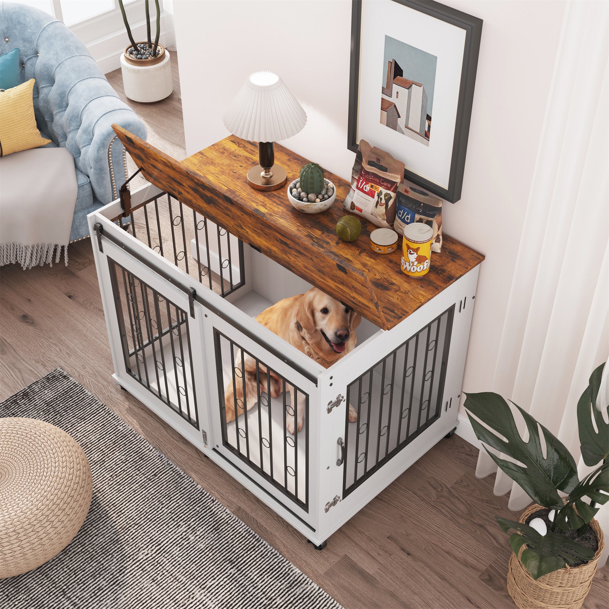 Ostreici 44" Anti-Bite Furniture Style Dog Crate Sliding Barn Door, Dog Kennel End Table w/ Wheels