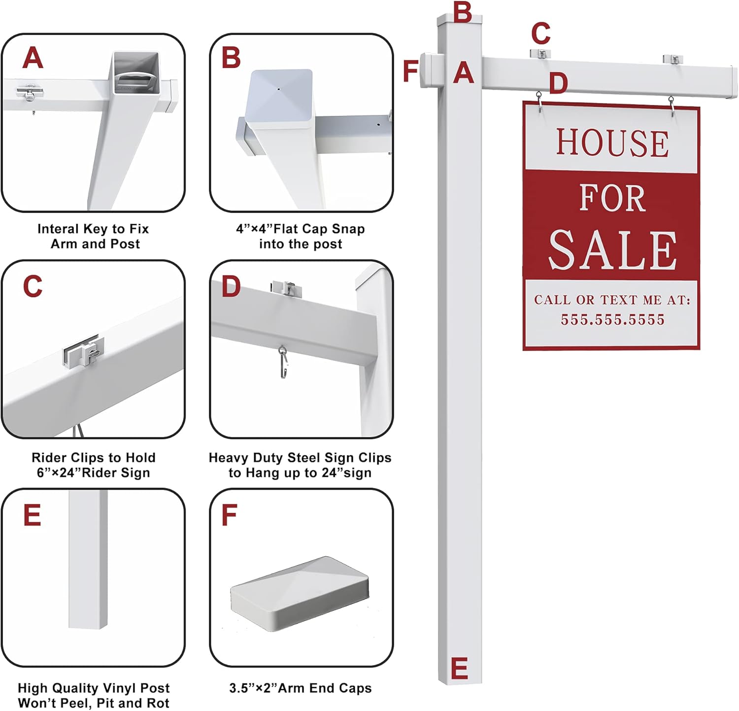 Qikdesign Vinyl PVC Real Estate Sign Post with Flat Cap 6' Tall - Realtor Yard Sign Post - 36 Arm Holds Up to 24 Sign- White (No Sign)