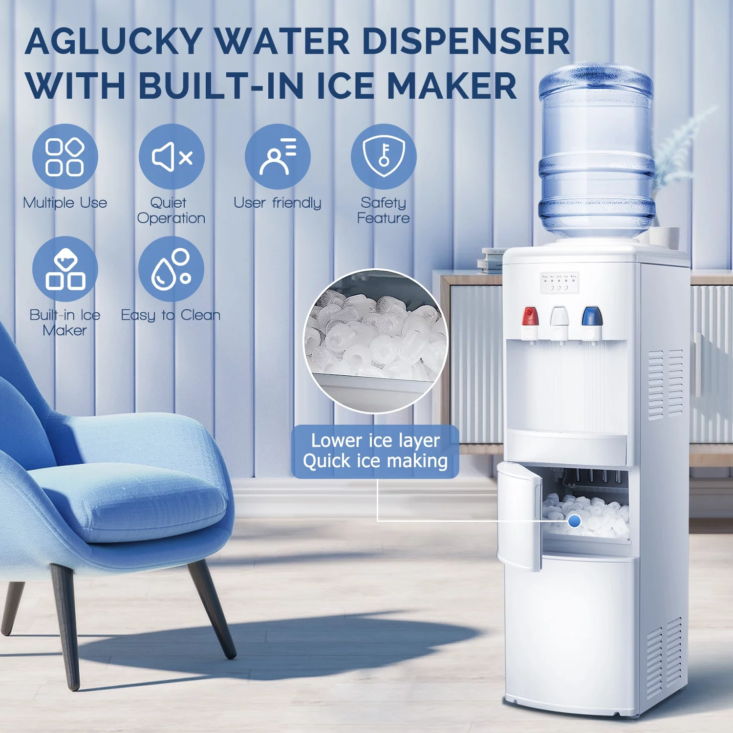 KISSAIR Water Cooler Dispenser with Built-in Ice Maker, Top Loading Water Coolers with 3 Temperature Settings - Hot, Cold & Room Temperature