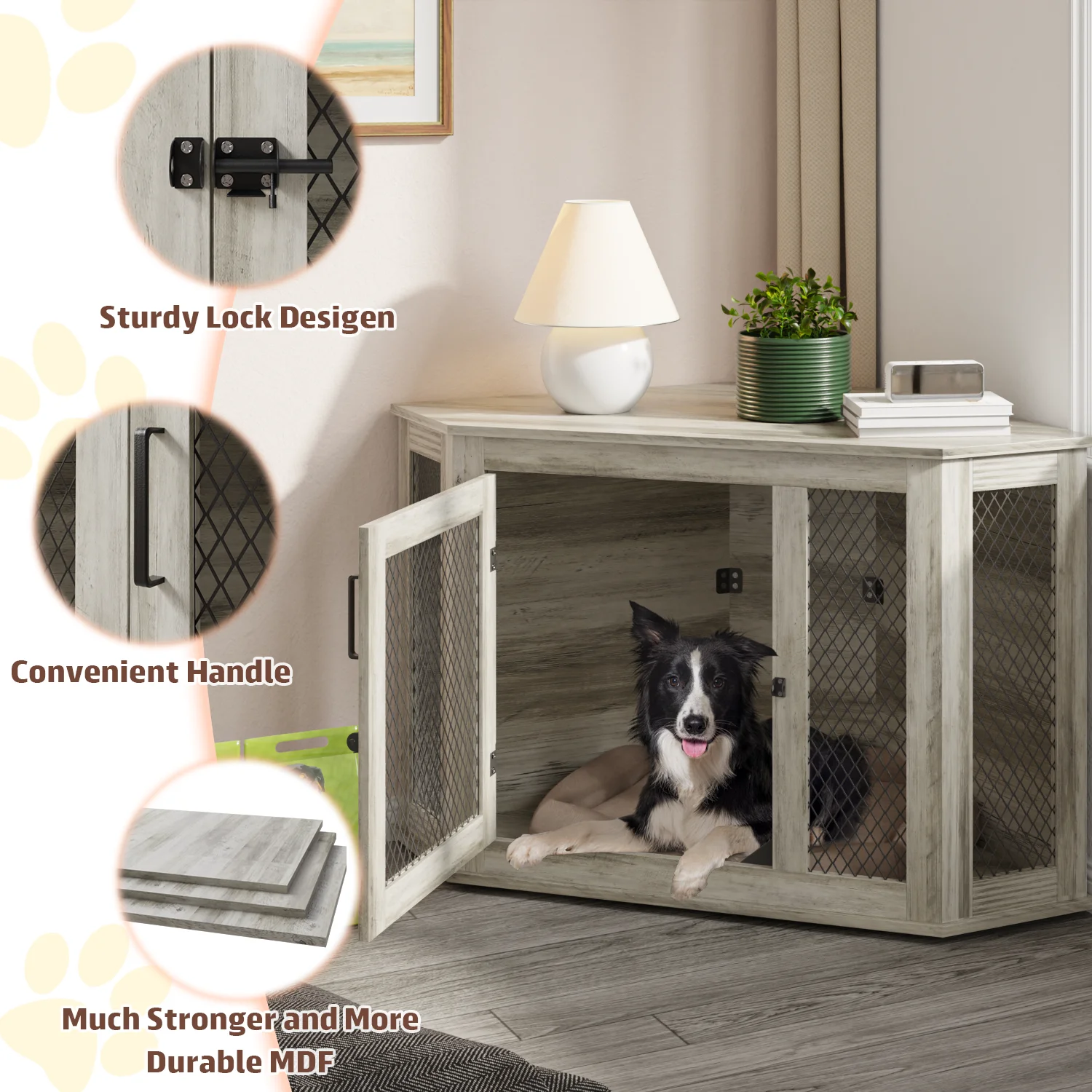 Bossin 44"Corner Dog Crate Furniture，Wooden Dog Kennel Indoor Furniture，Decorative Dog Crate