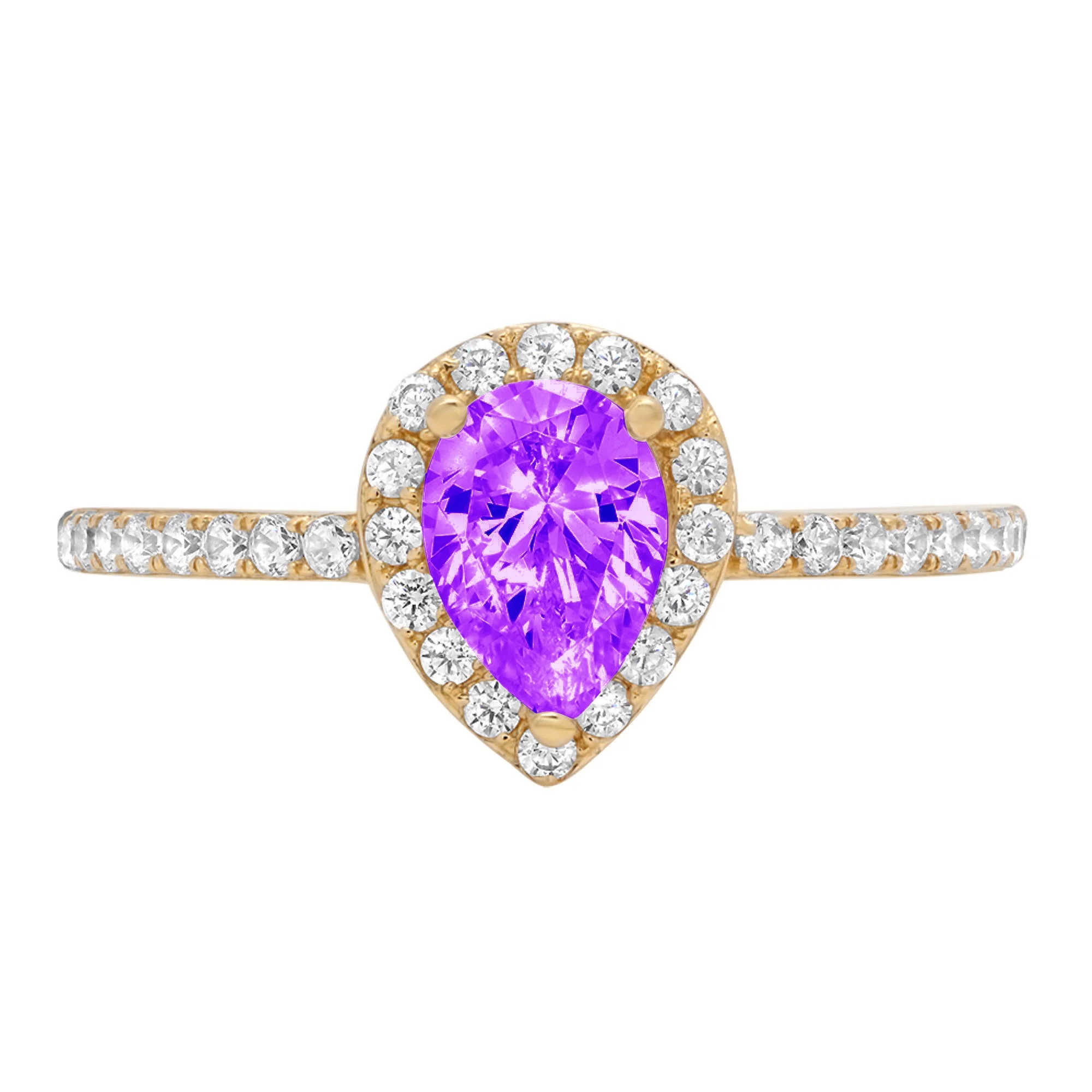 0.8ct Pear Cut Purple Natural Amethyst 18k Yellow Gold Engraving Statement Bridal Anniversary Engagement Wedding Halo Ring Size 3.5
