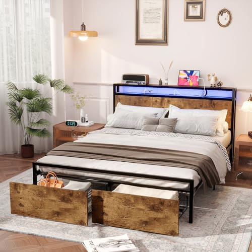 Full Size Bed Frame with Headboard, LED Platform Bed with 4 Storage Drawers, Built in Charging Station, Noise-Free, Metal Support Base